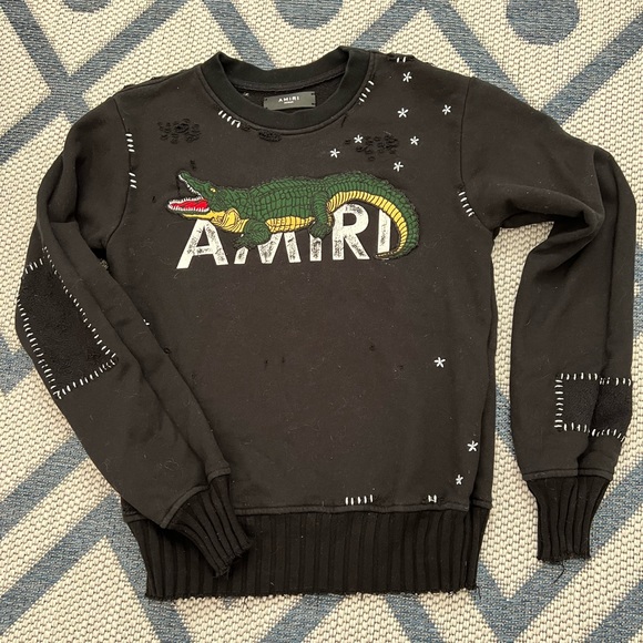 $975 AUTHENTIC AMIRI LOGO ALLIGATOR DISTRESSED SWEATER SWEATSHIRT BLACK SIZE M - Picture 3 of 16